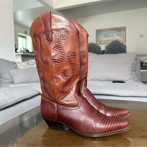 Vintage Nine West Romnee Lizard Pointed Toe Western Leather Boots in Brown 7.5